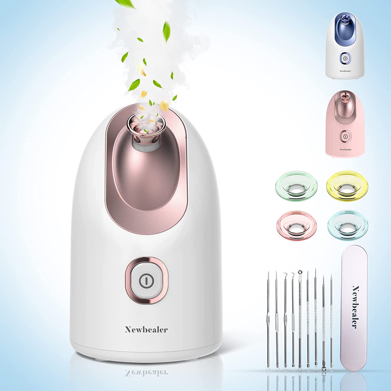 Newbealer Mini Aroma Face Steamer, 160ml Nano Ionic Hot Mist Facial Humidifier Atomizer, Home Sauna Spa Sprayer Moisturizing Cleansing Pores, 9 Pieces Acne Remover Kit Included, Pink-Gold - Image 1